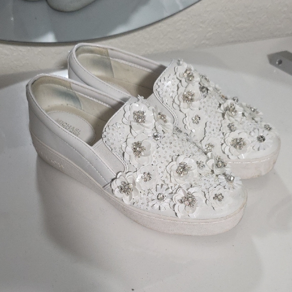 Michael Kors White Floral Embellished Loafers